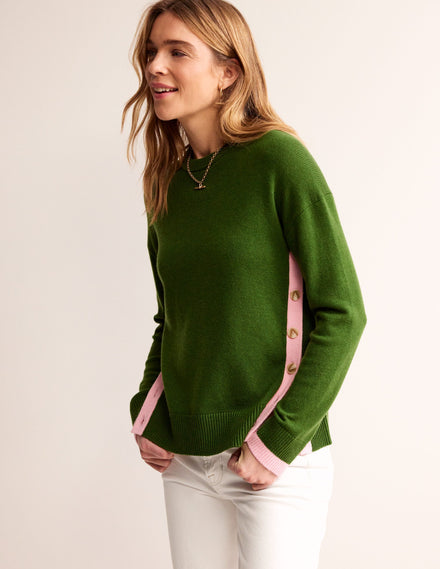 Alma Pullover mit Kontrastbesatz-Garten-Grün Orchideenrosa