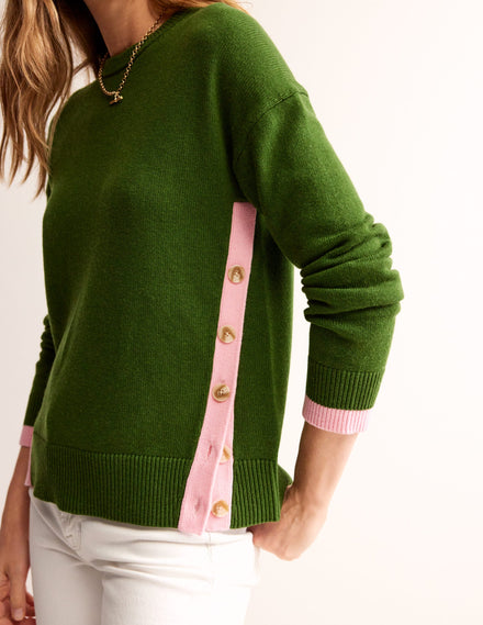 Alma Pullover mit Kontrastbesatz-Garten-Grün Orchideenrosa
