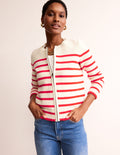 Cardigan style marinière en coton-Ivoire chaud, rayé flamme écarlate