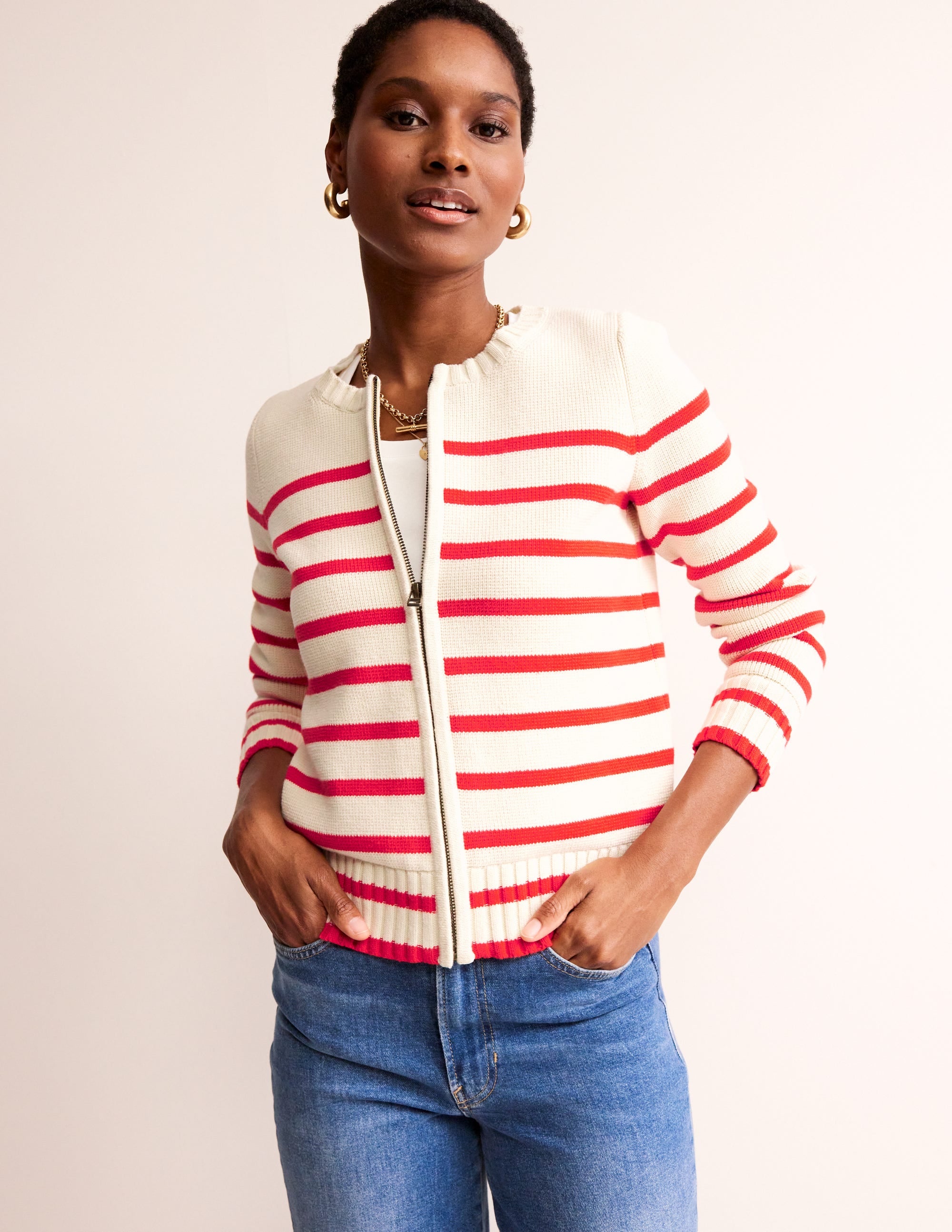 Cardigan style marinière en coton-Ivoire chaud, rayé flamme écarlate - Image 1