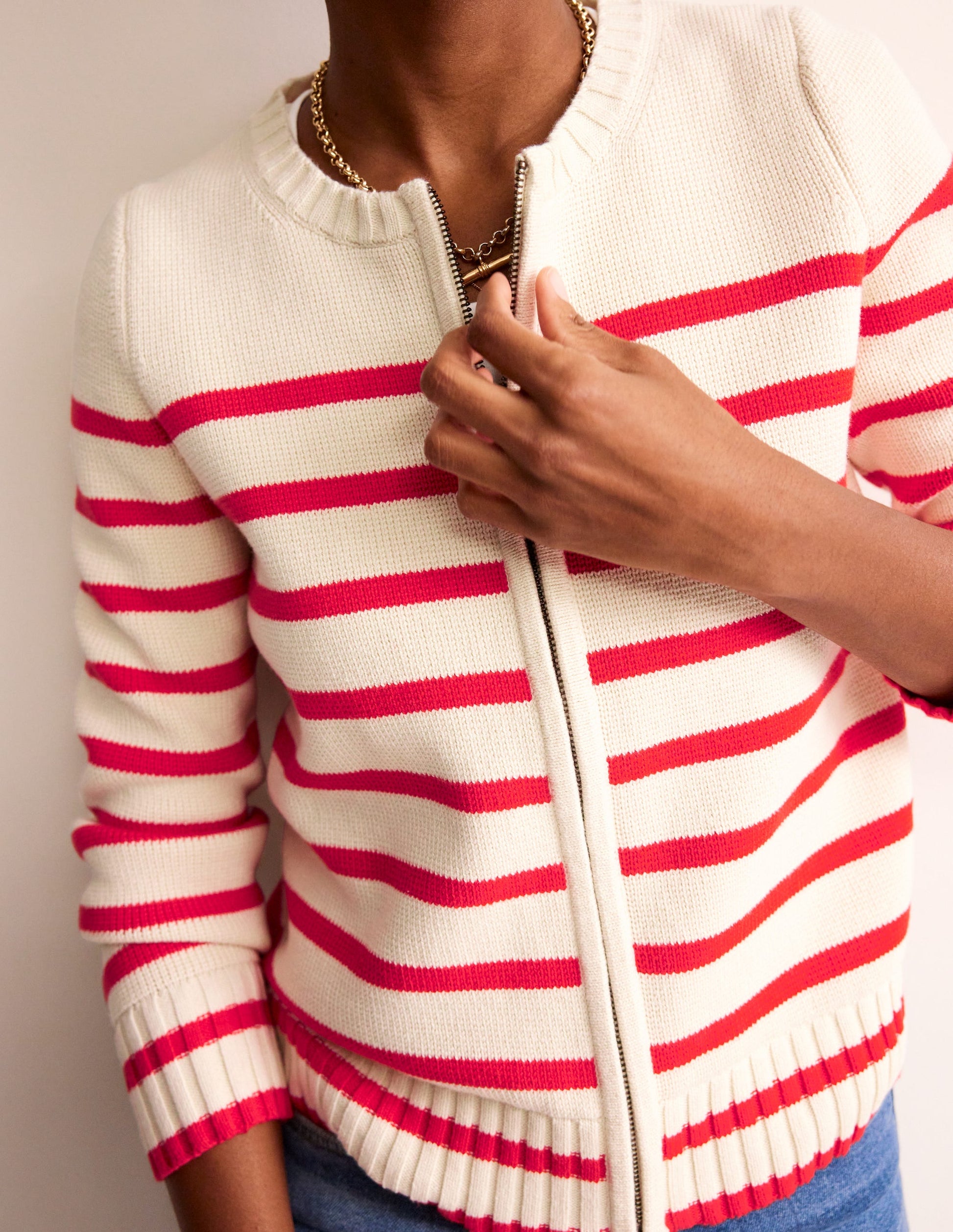 Cardigan style marinière en coton-Ivoire chaud, rayé flamme écarlate-2