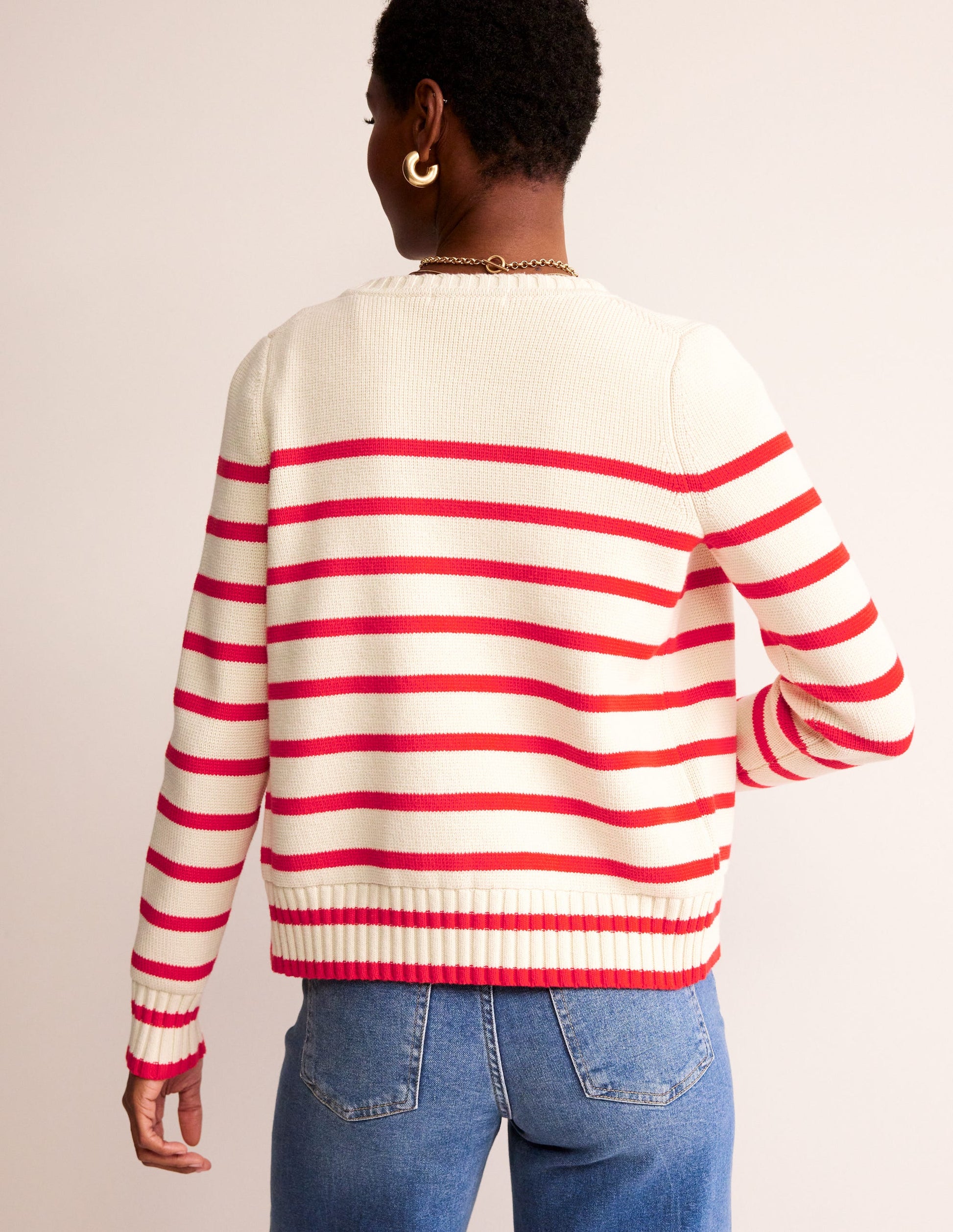 Cardigan style marinière en coton-Ivoire chaud, rayé flamme écarlate-3