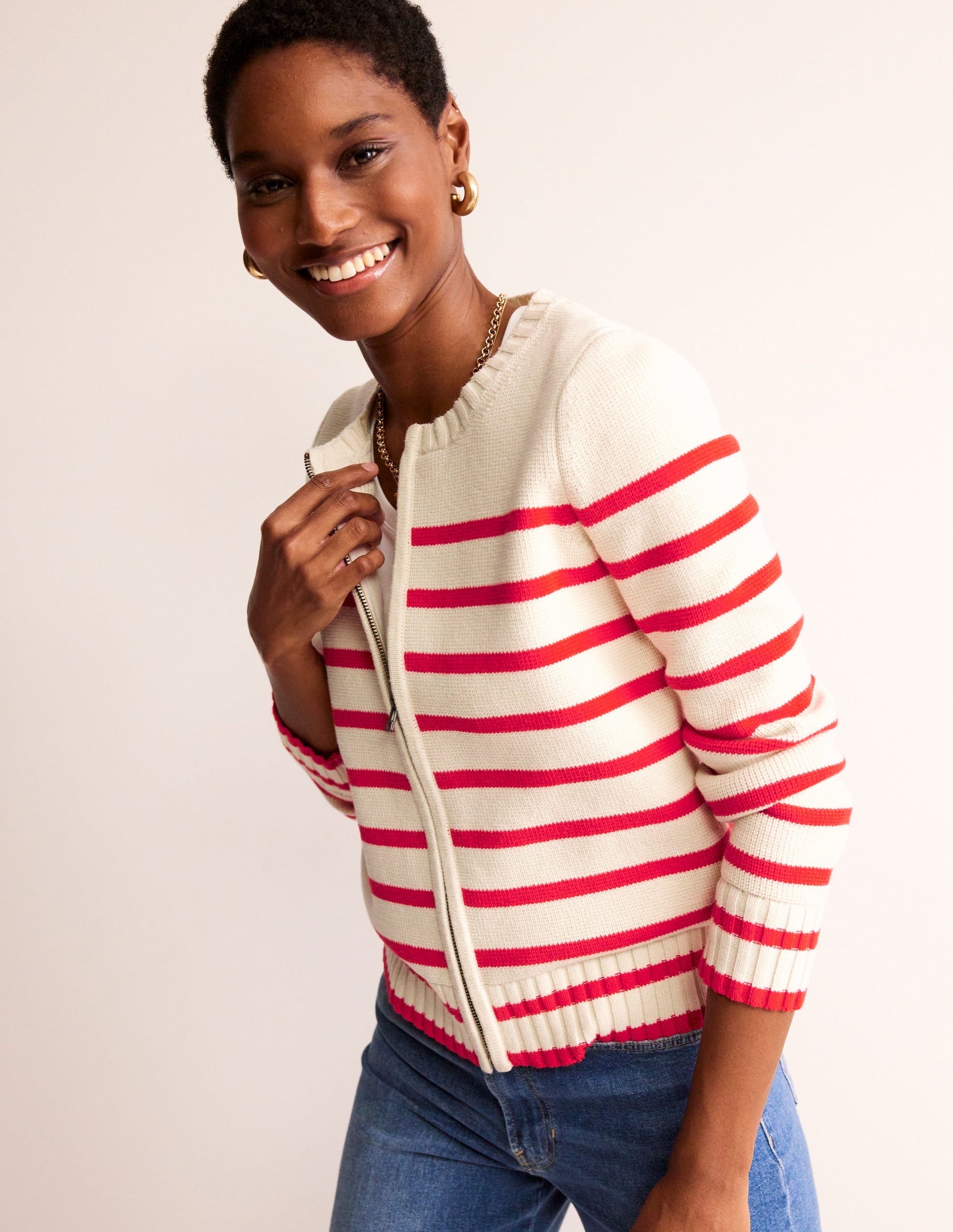 Cardigan style marinière en coton-Ivoire chaud, rayé flamme écarlate-4