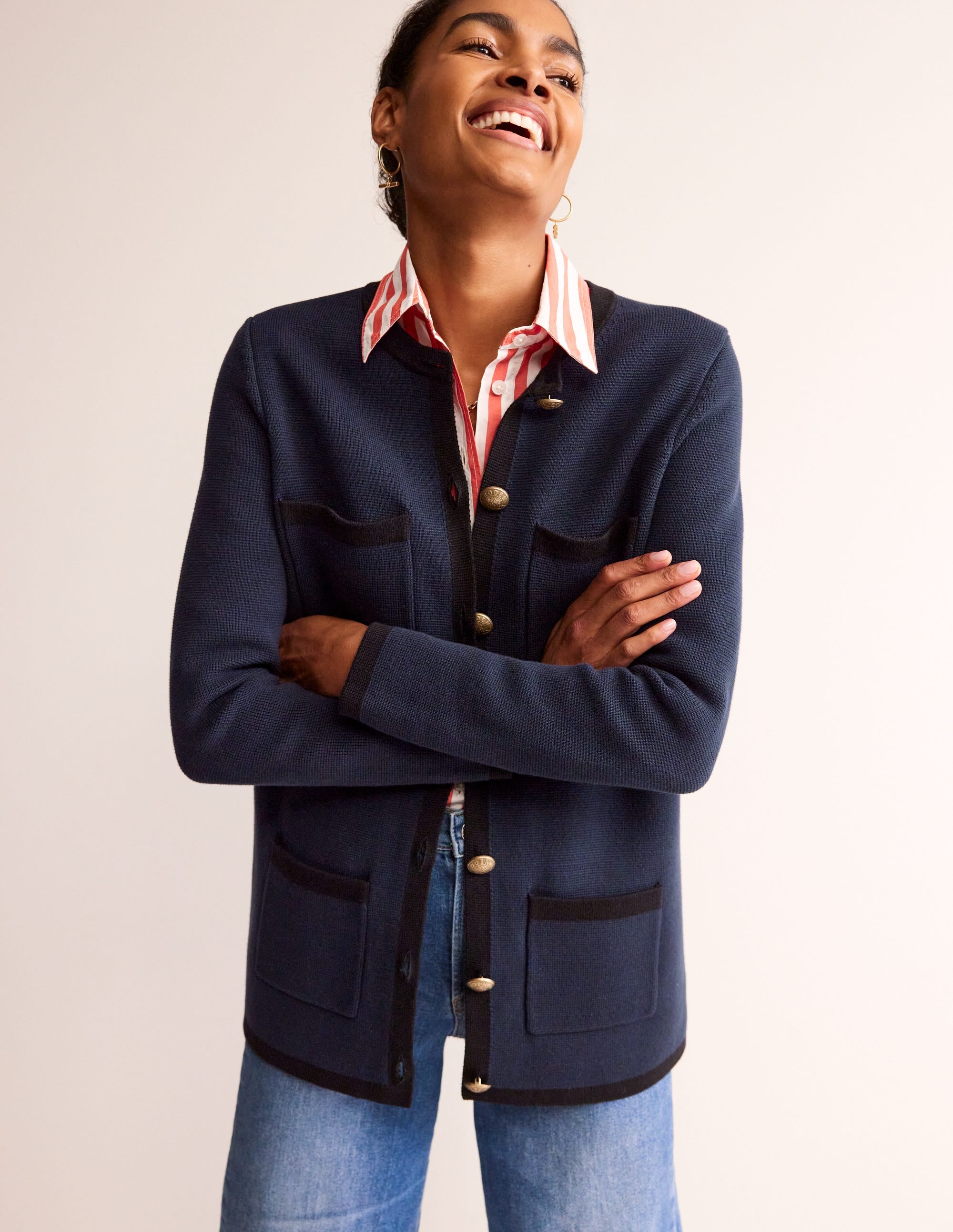 Holly Longline Knitted Jacket-Navy, Black Tipping - Image 1