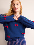 Pull brodé à la main-Pivoine bleu marine, cerises