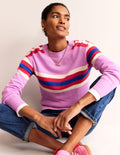 Strickpullover mit Streifen-Lila, Warmes Naturweiß, Rot Streifen