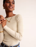Pullover aus Baumwoll-Rippstrick mit U-Boot-Ausschnitt-Gold-Metallic