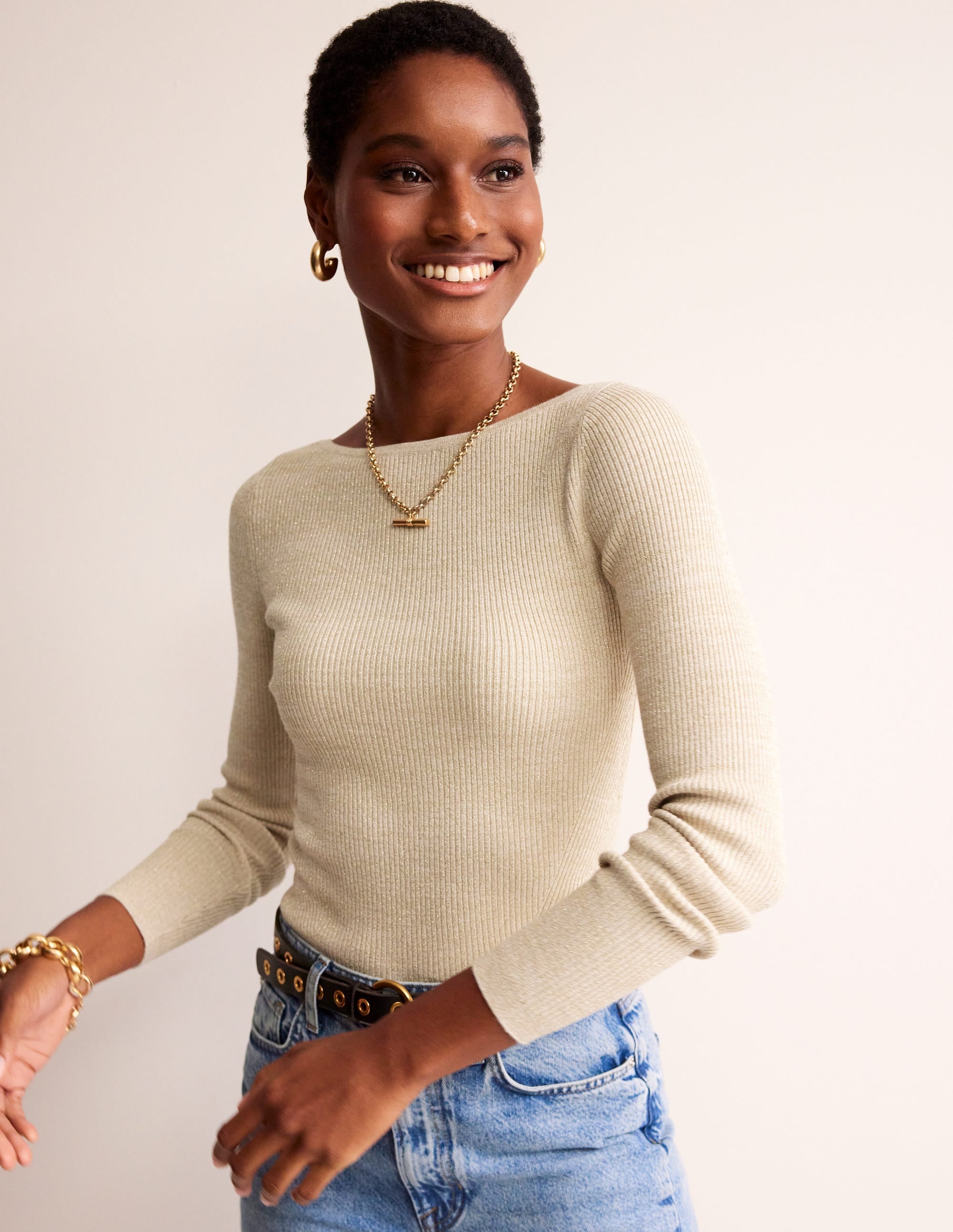 Pullover aus Baumwoll-Rippstrick mit U-Boot-Ausschnitt-Gold-Metallic - Image 2