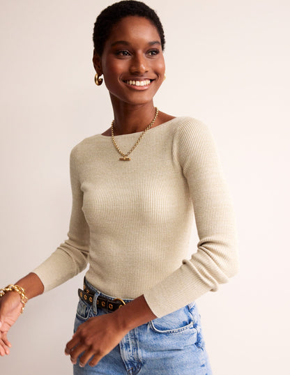 Cotton Rib Boat Neck Jumper-Gold Metallic