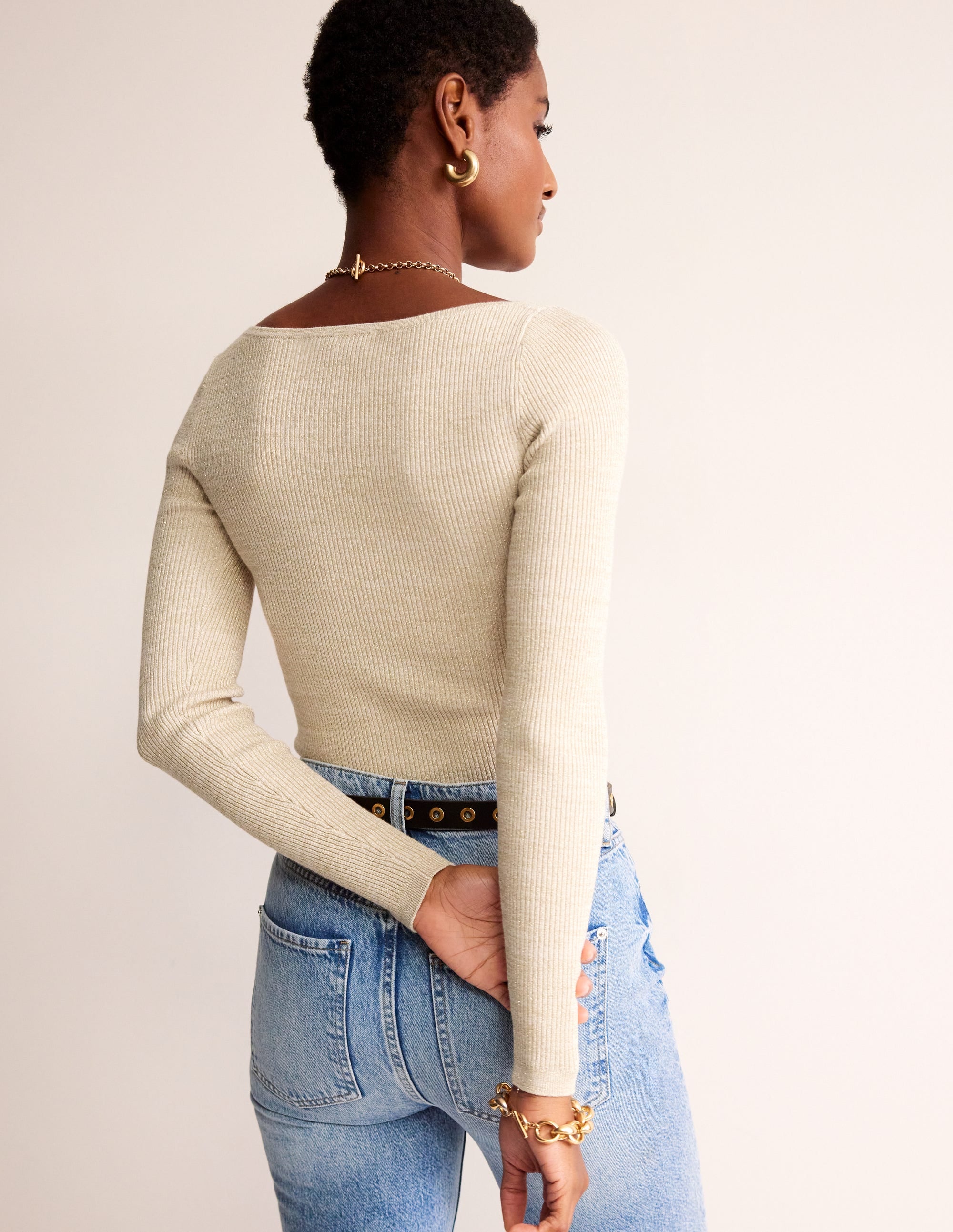 Pullover aus Baumwoll-Rippstrick mit U-Boot-Ausschnitt-Gold-Metallic - Image 3