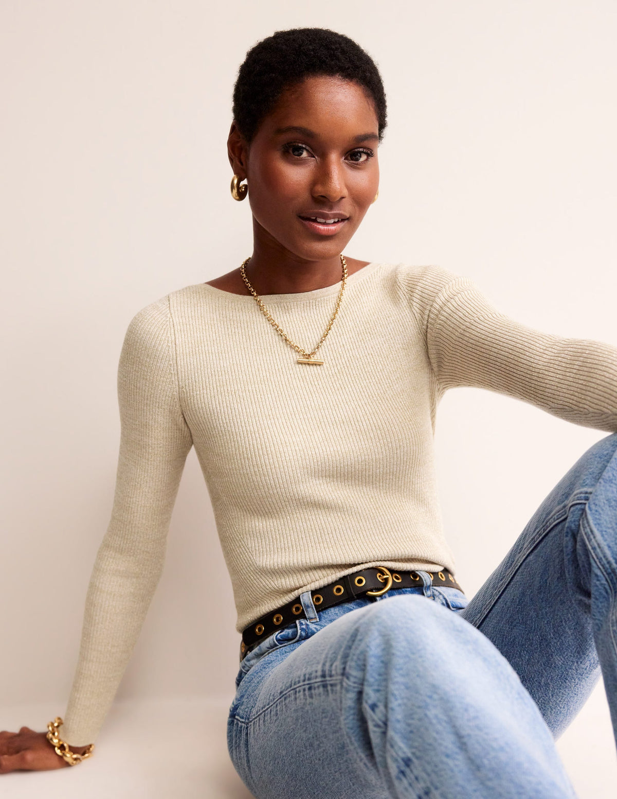 Pullover aus Baumwoll-Rippstrick mit U-Boot-Ausschnitt-Gold-Metallic - Image 4