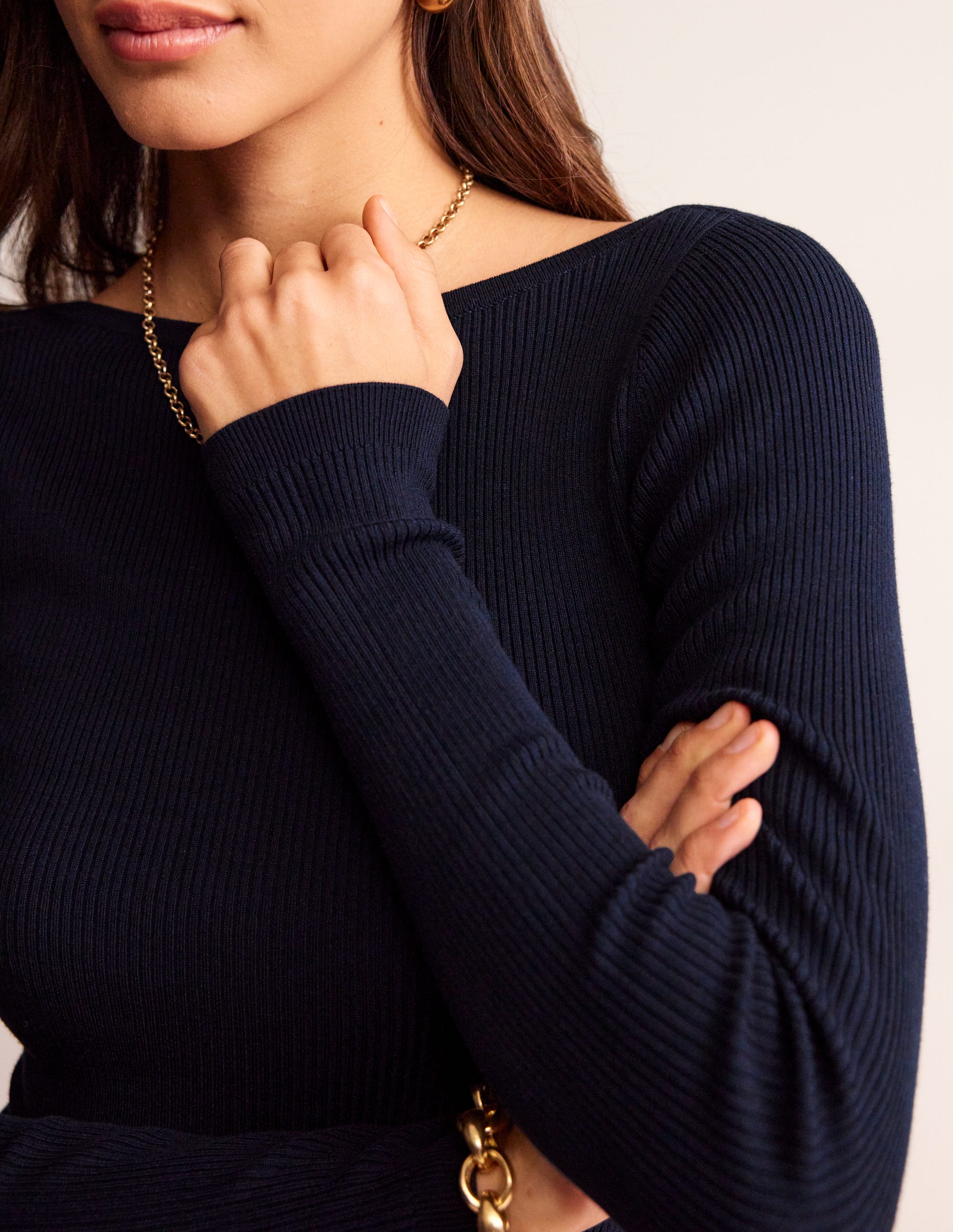 Pullover aus Baumwoll-Rippstrick mit U-Boot-Ausschnitt-Marineblau - Image 3