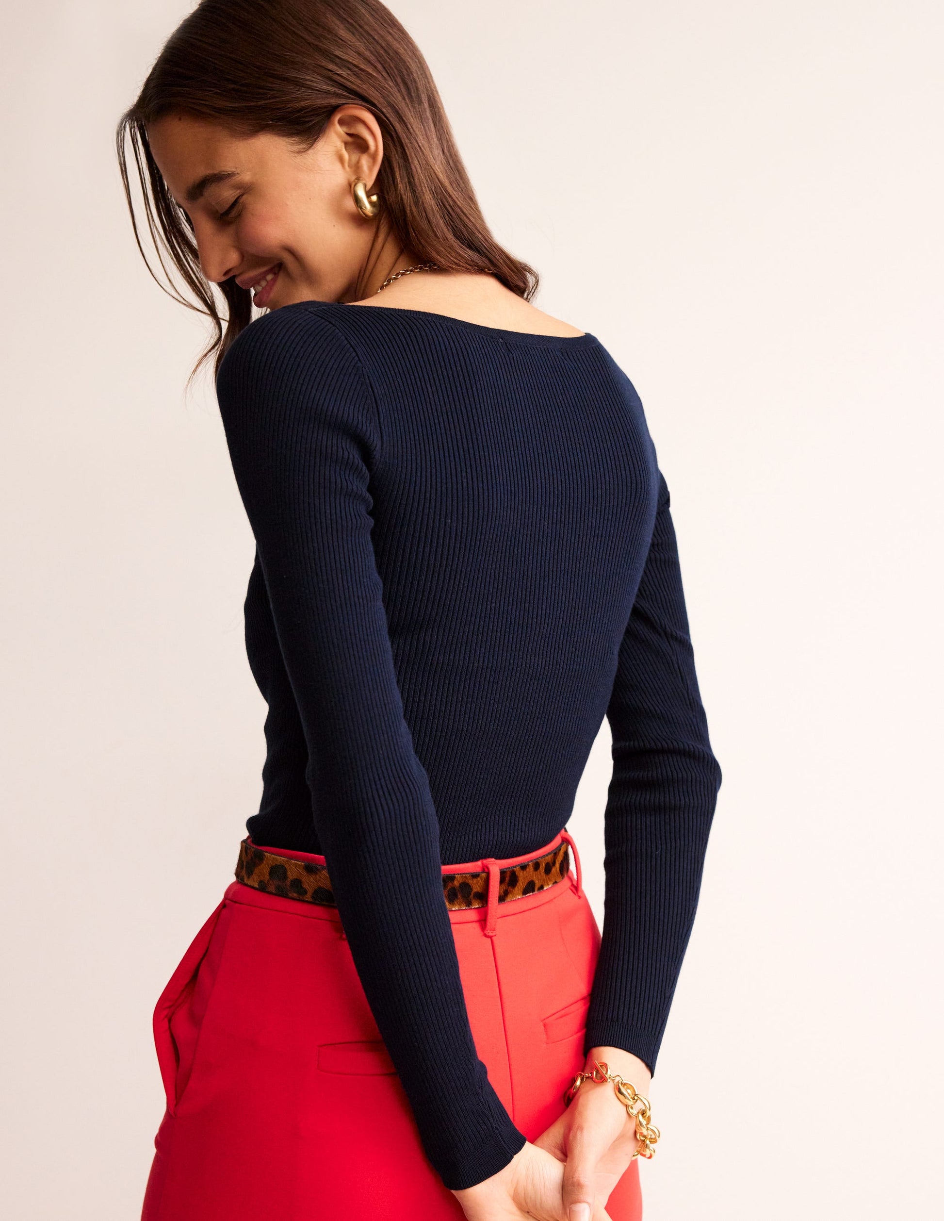 Pullover aus Baumwoll-Rippstrick mit U-Boot-Ausschnitt-Marineblau-4