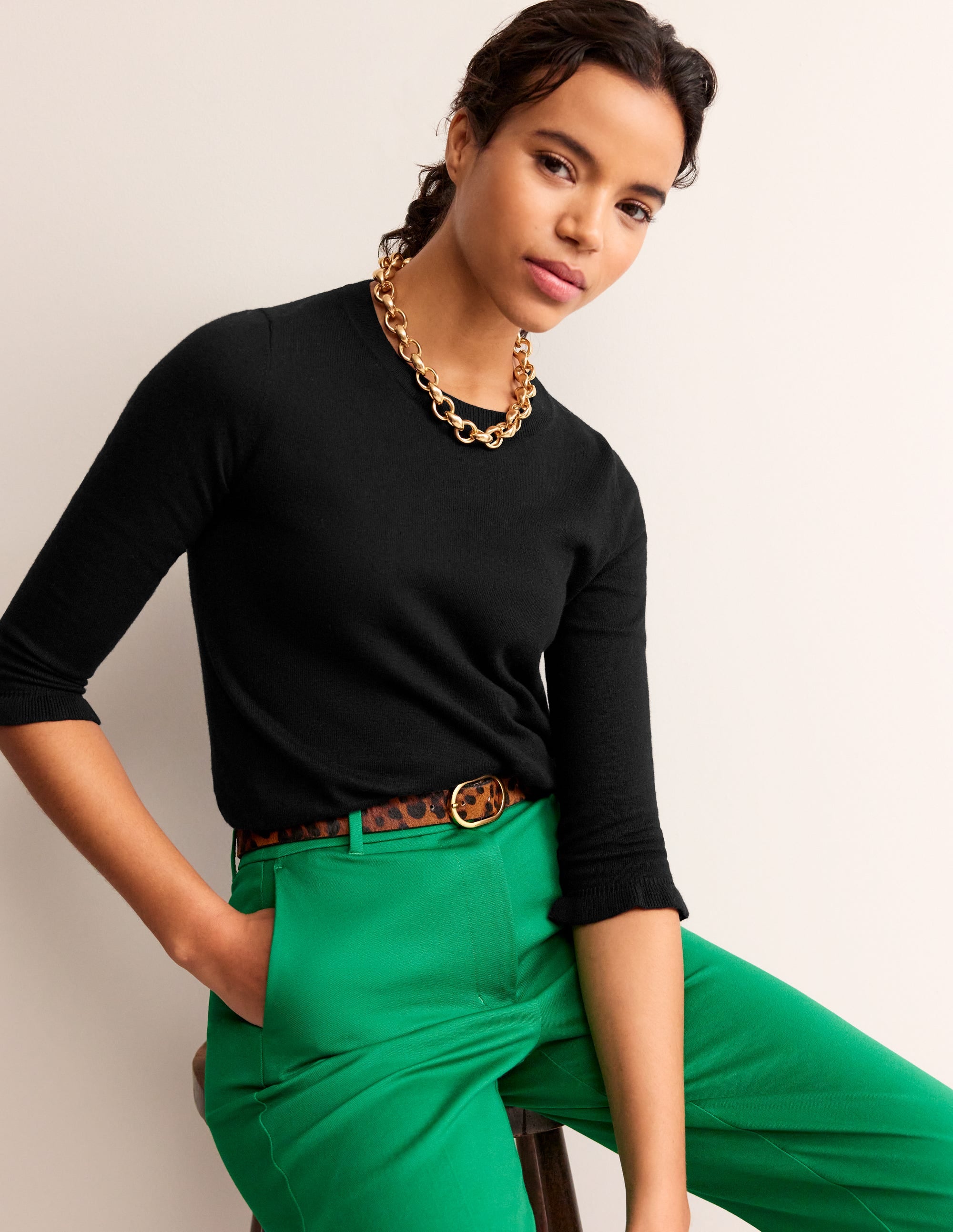 Pull volanté en mérinos et coton-Noir - Image 1