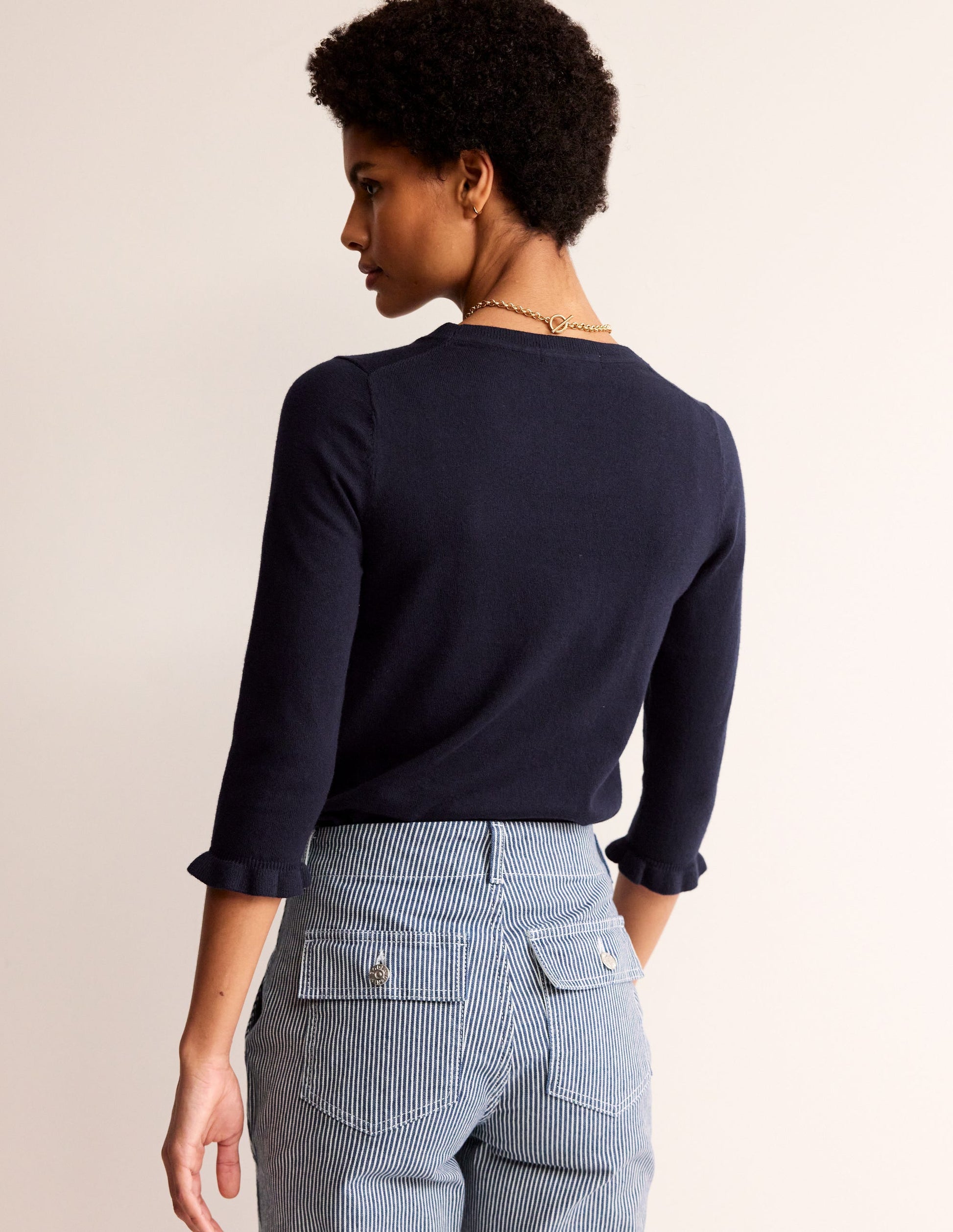 Pull volanté en mérinos et coton-Bleu marine-3