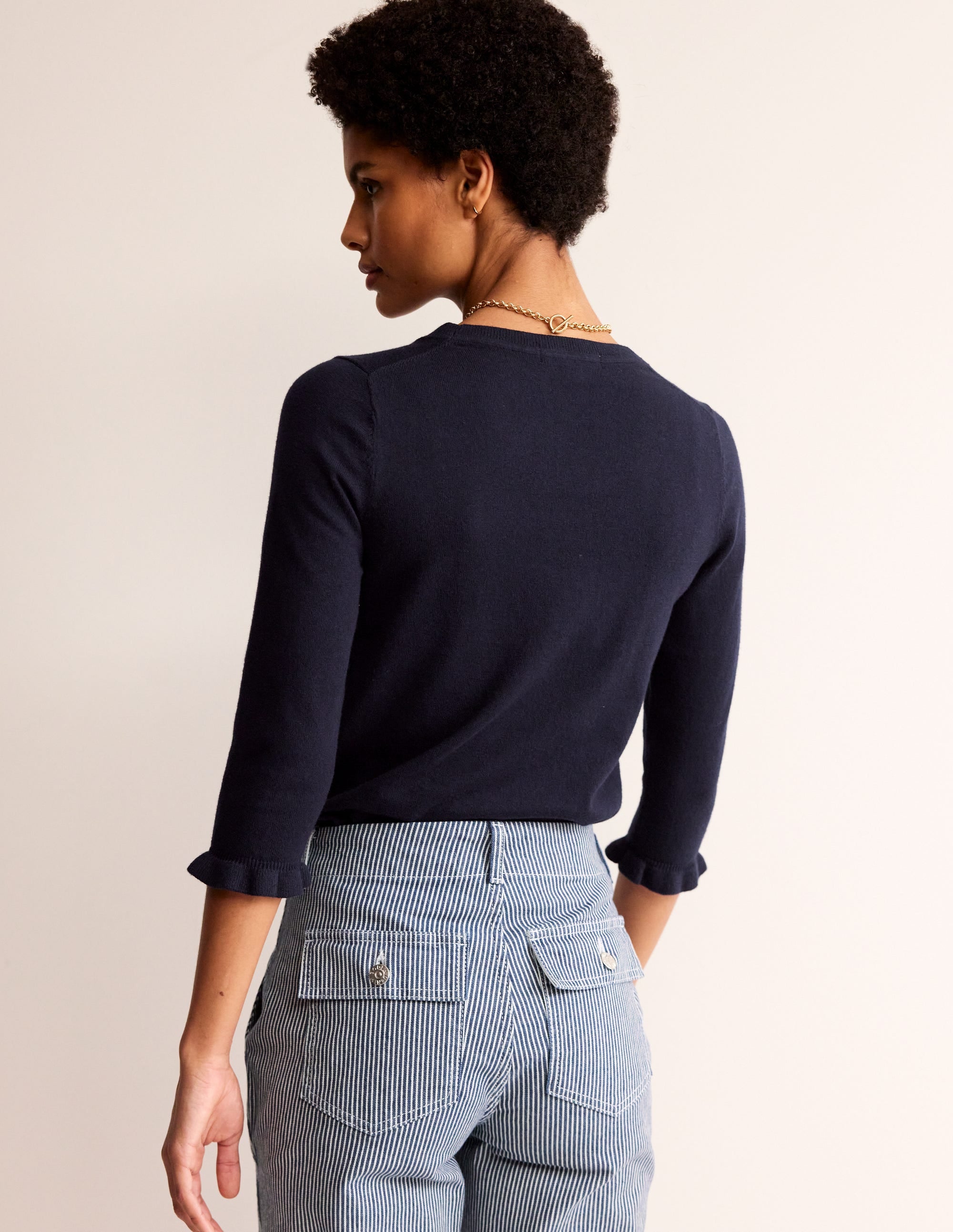 Pull volanté en mérinos et coton-Bleu marine - Image 3