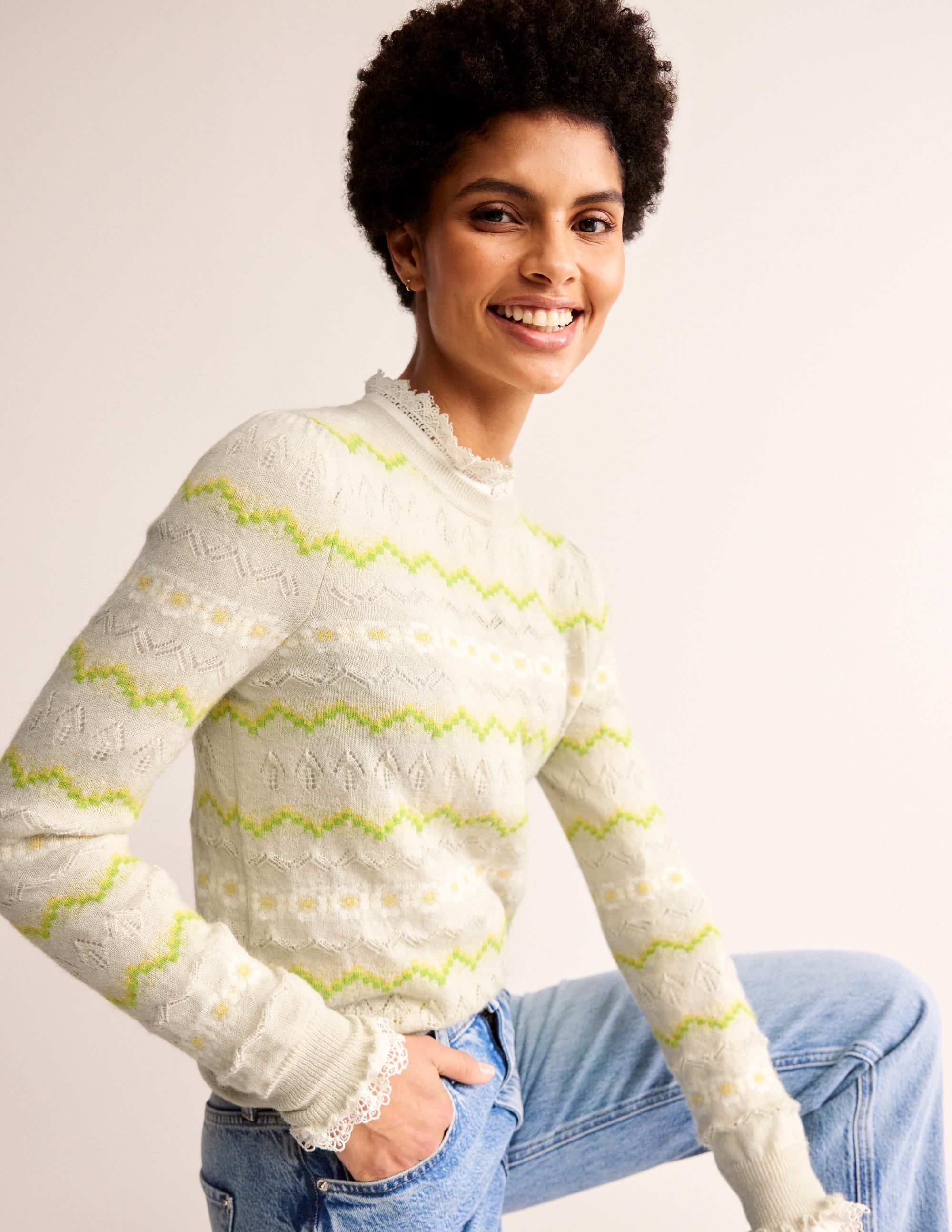 Pull duveteux motif jacquard-Avoine chiné - Image 1