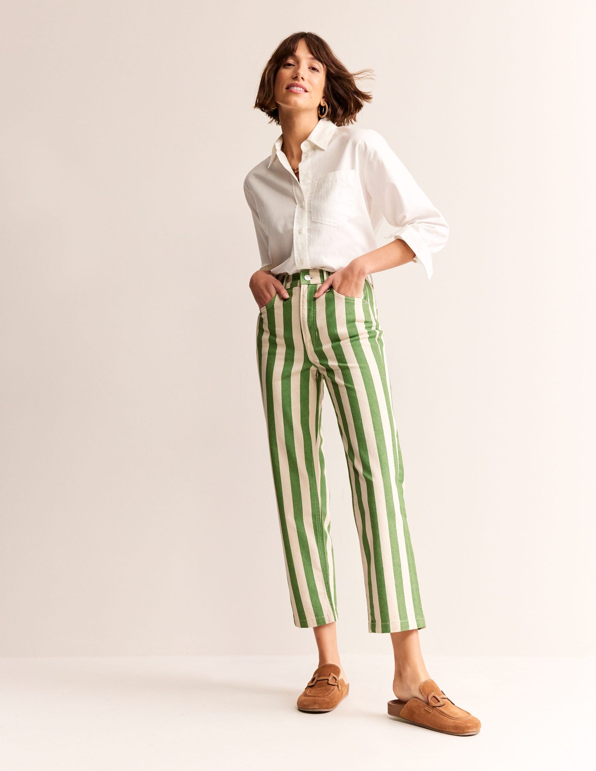 Pantalon droit rayé-Rayé vert et ivoire-1