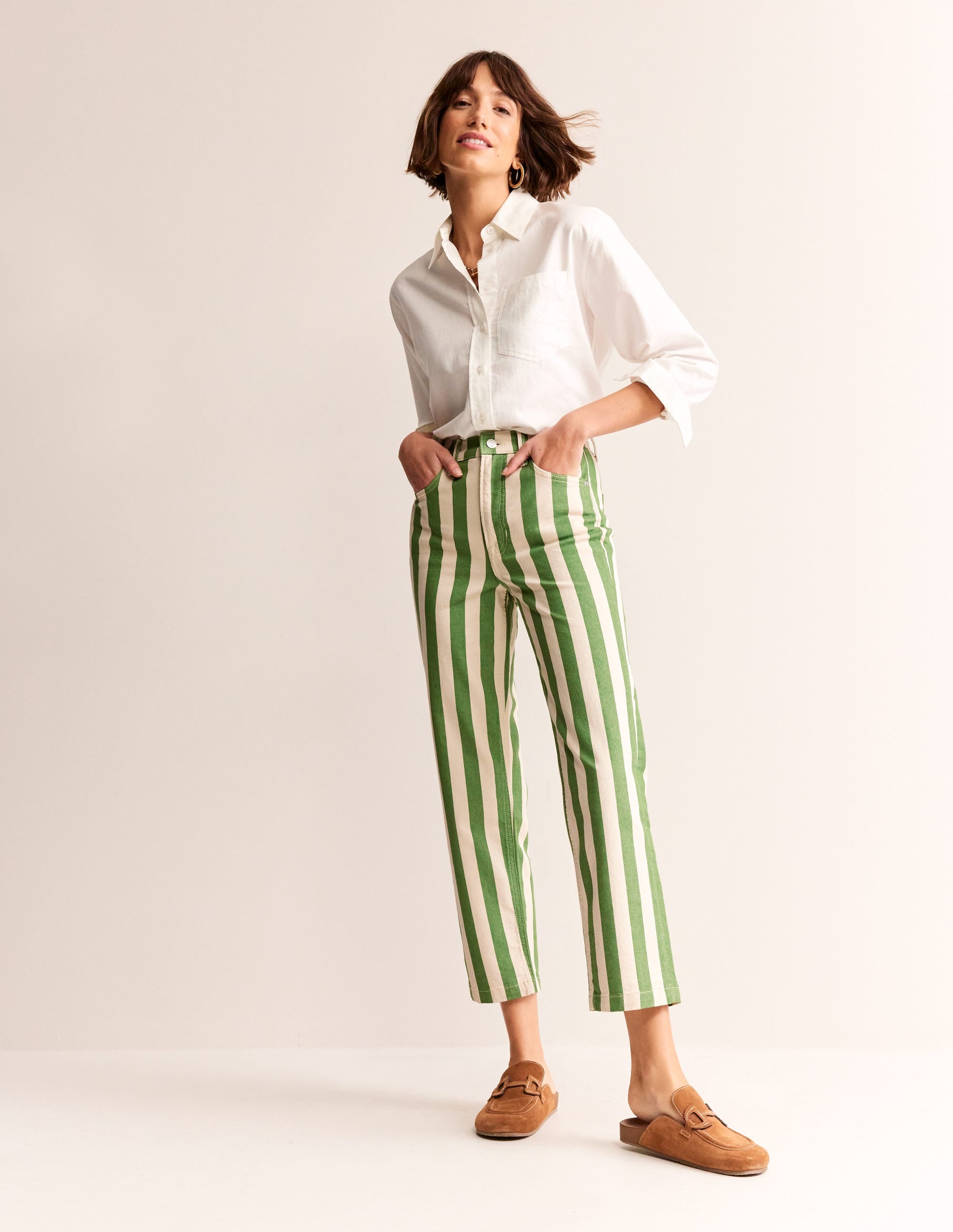 Pantalon droit rayé-Rayé vert et ivoire - Image 1