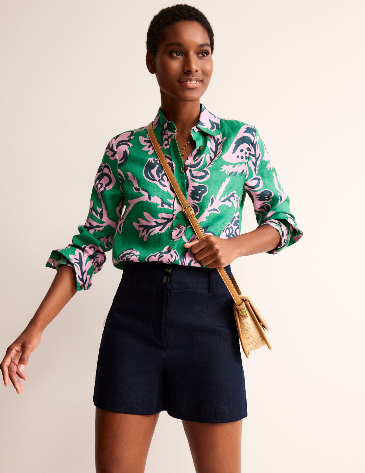 Short Westbourne en lin-Bleu Marine, Petits Pois - Image 1
