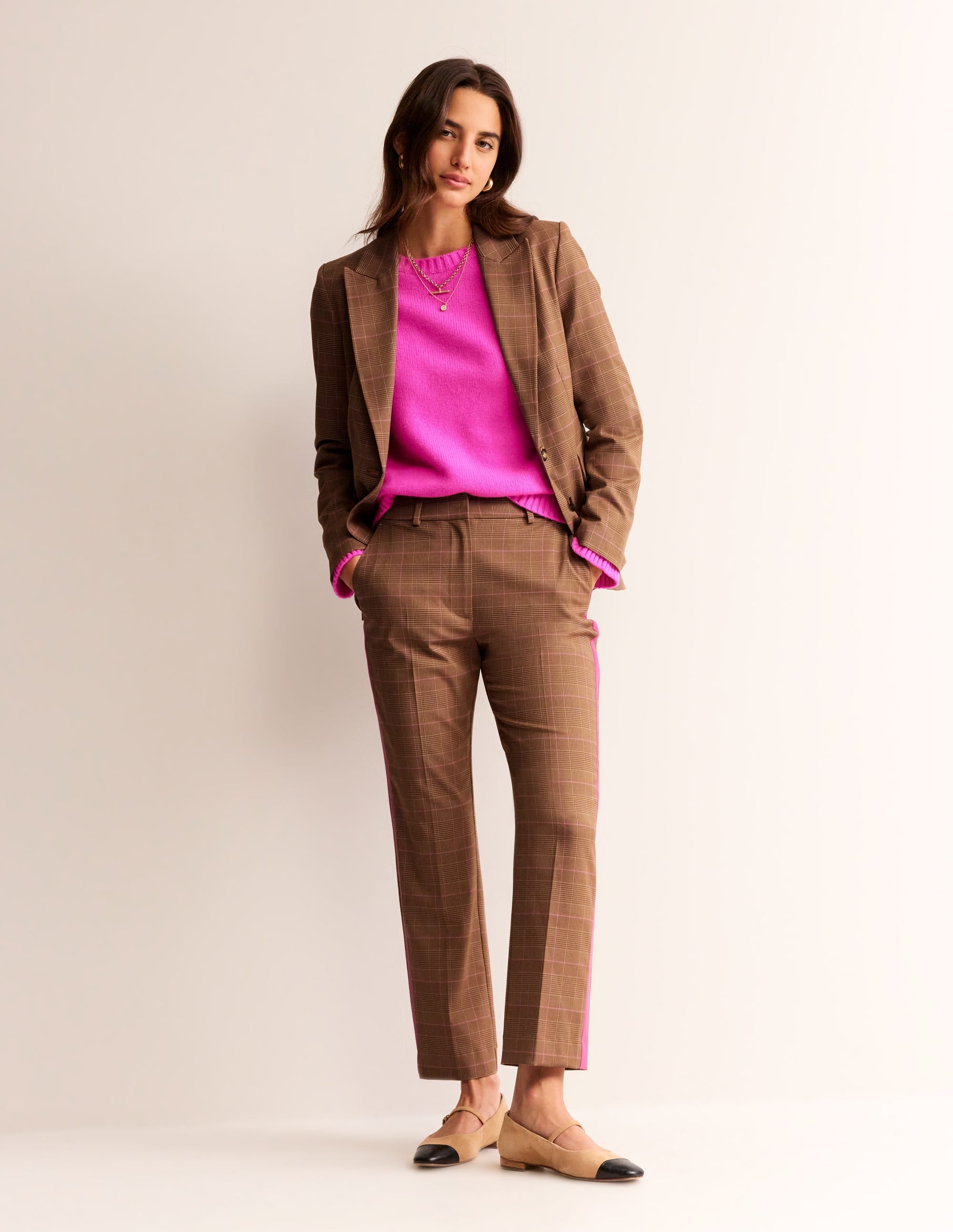 Pantalon Kew à carreaux rayé sur les côtés-Carreaux marron et roses - Image 1