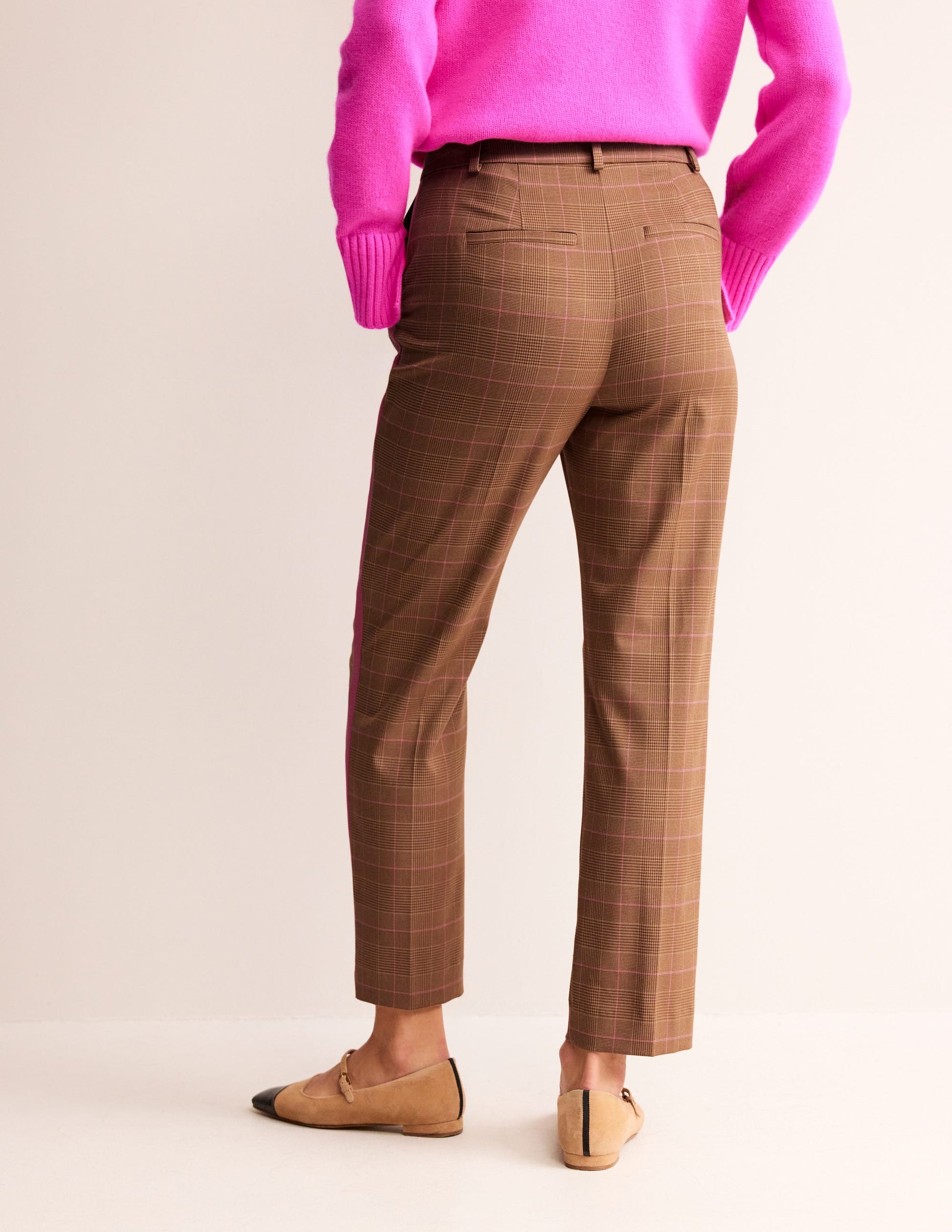 Pantalon Kew à carreaux rayé sur les côtés-Carreaux marron et roses-3