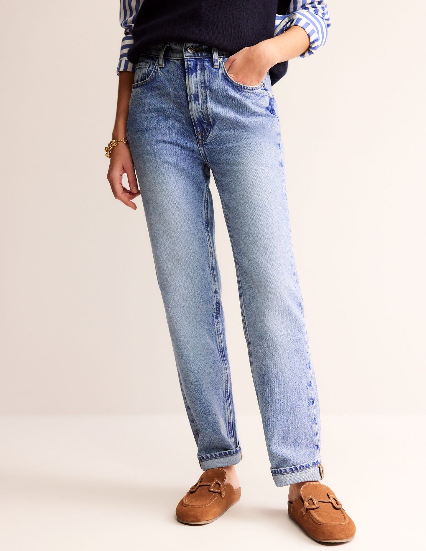 Jeans mit hohem Bund und geradem Bein-Helle, mittlere Waschung