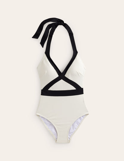 Kefalonia Halterneck Swimsuit-Ivory/ Black Colourblock