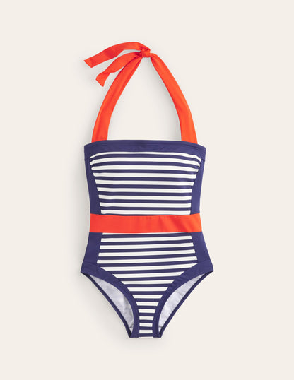 Maillot de bain dos-nu Santorini-Rouge, rayé bleu marine