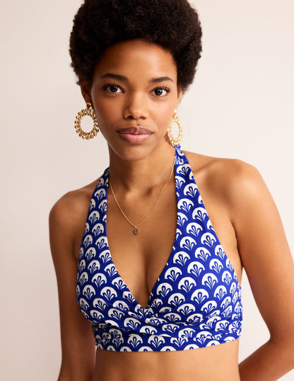 Haut de bikini dos-nu Levanzo-Bleu connecté, motif Foliage Geo