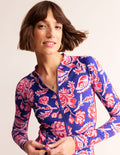 Haut de plage à manches raglan et passepoil-Bleu connecté, motif Rose Blush