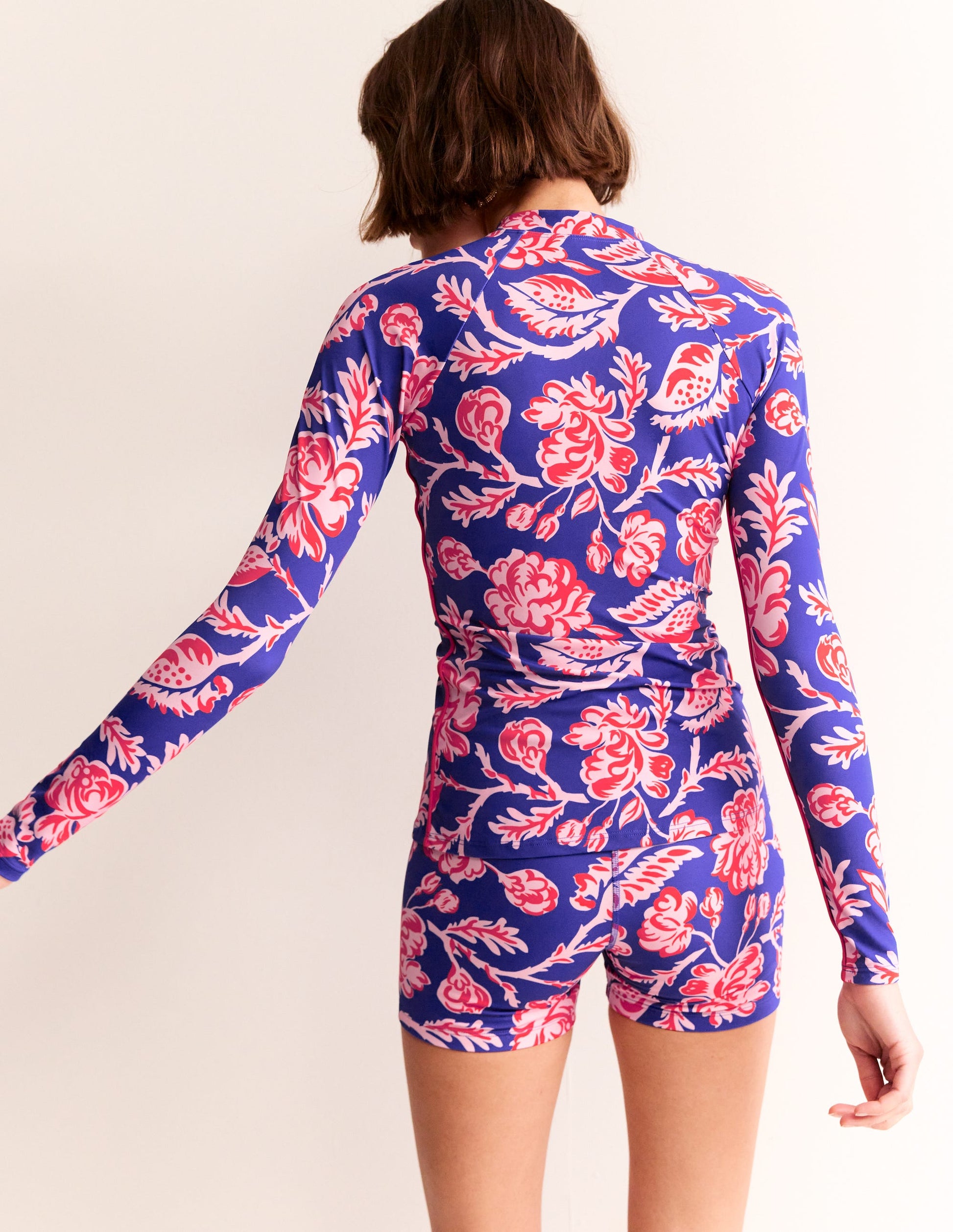 Haut de plage à manches raglan et passepoil-Bleu connecté, motif Rose Blush-3