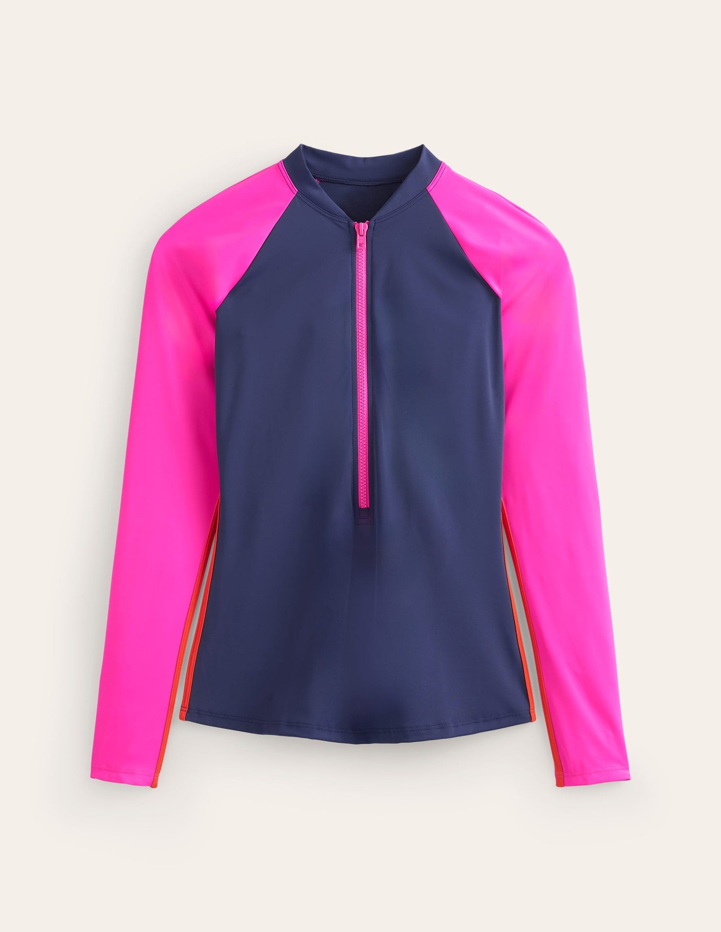 Paspeliertes Raglan-Badetop-Marineblau/Super Rosa Blockfarben