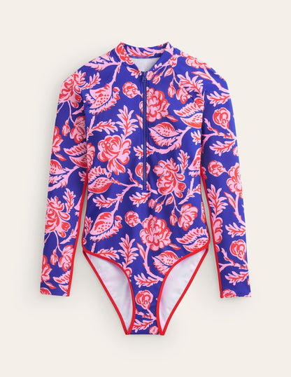 Badeanzug mit Paspelierung und Raglanärmeln-Surf The Web Blau, Puderrosa-5