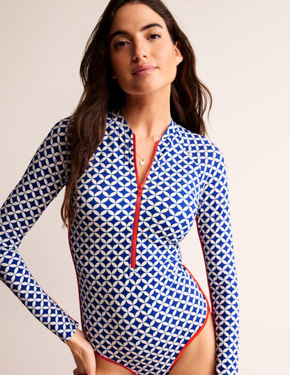 Piped Raglan Sleeve Swimsuit-Surf The Web, Diamond Terrace-2