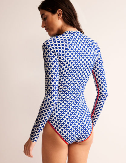 Piped Raglan Sleeve Swimsuit-Surf The Web, Diamond Terrace-3