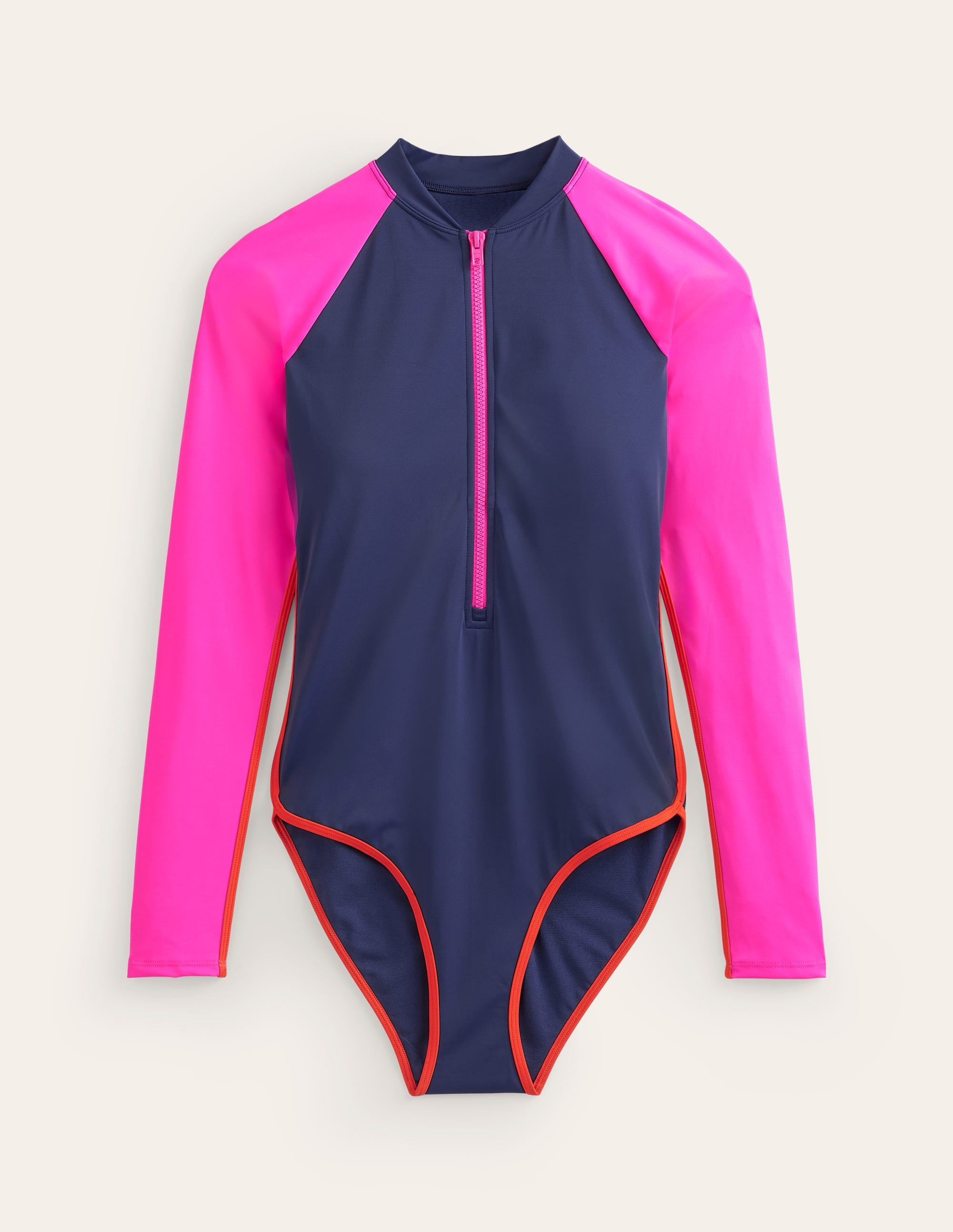 Maillot de bain à manches raglan et passepoil-Colourblock bleu marine/super rose - Image 5