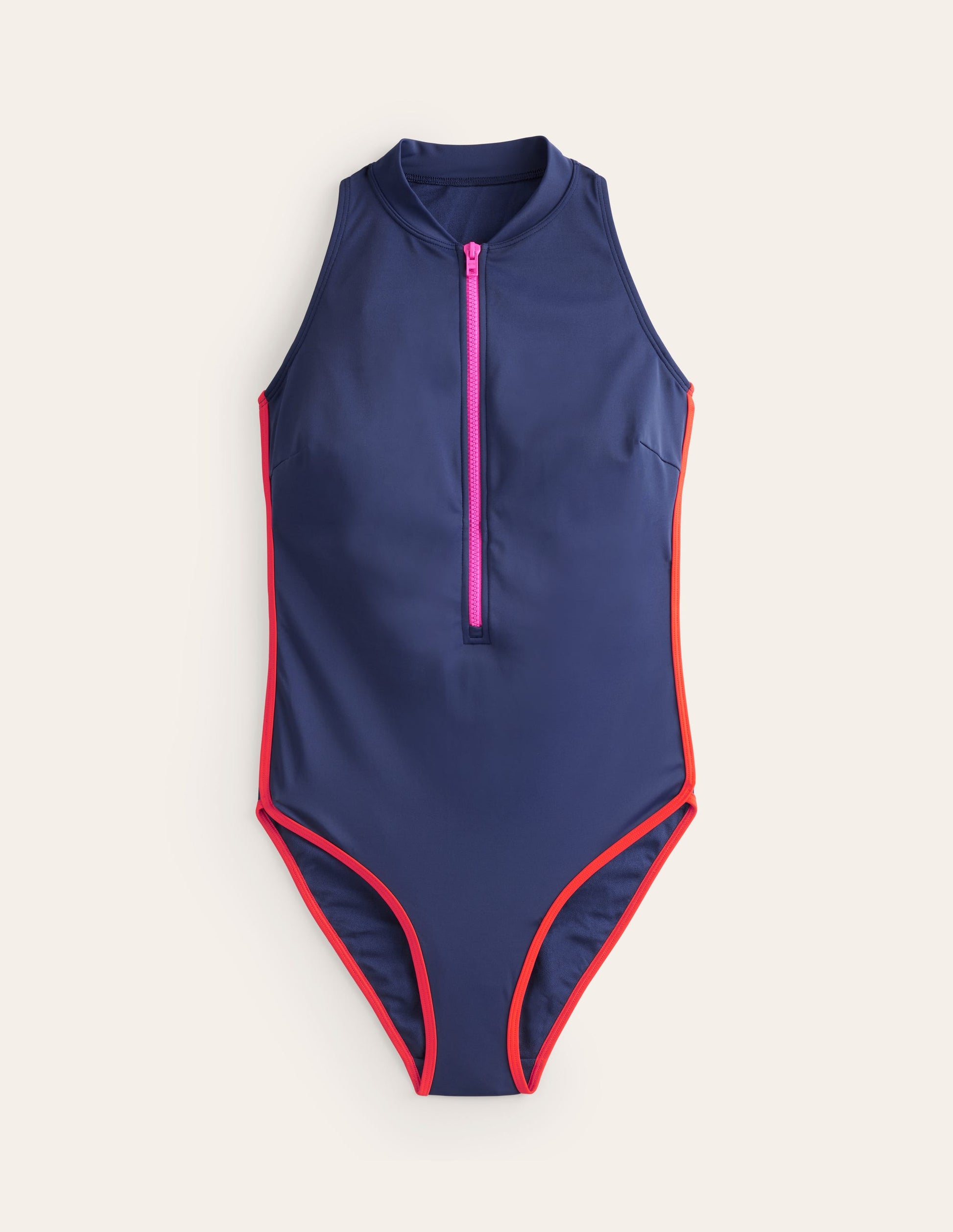 Maillot de bain sportif avec passepoil-Colourblock bleu marine/super rose-5