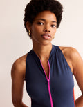 Maillot de bain sportif avec passepoil-Colourblock bleu marine/super rose