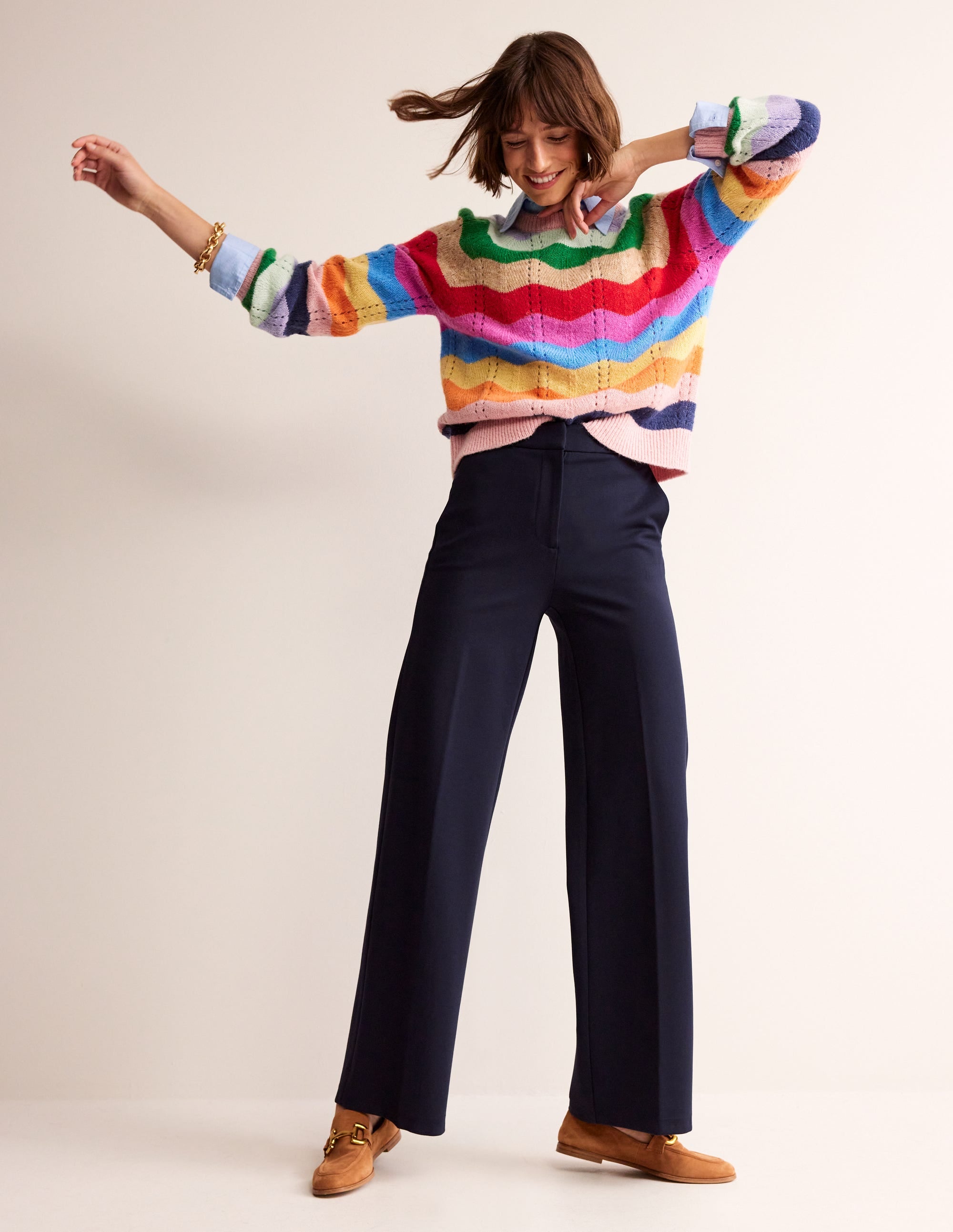 Pantalon Westbourne en point de Rome-Bleu Marine, Petits Pois - Image 1