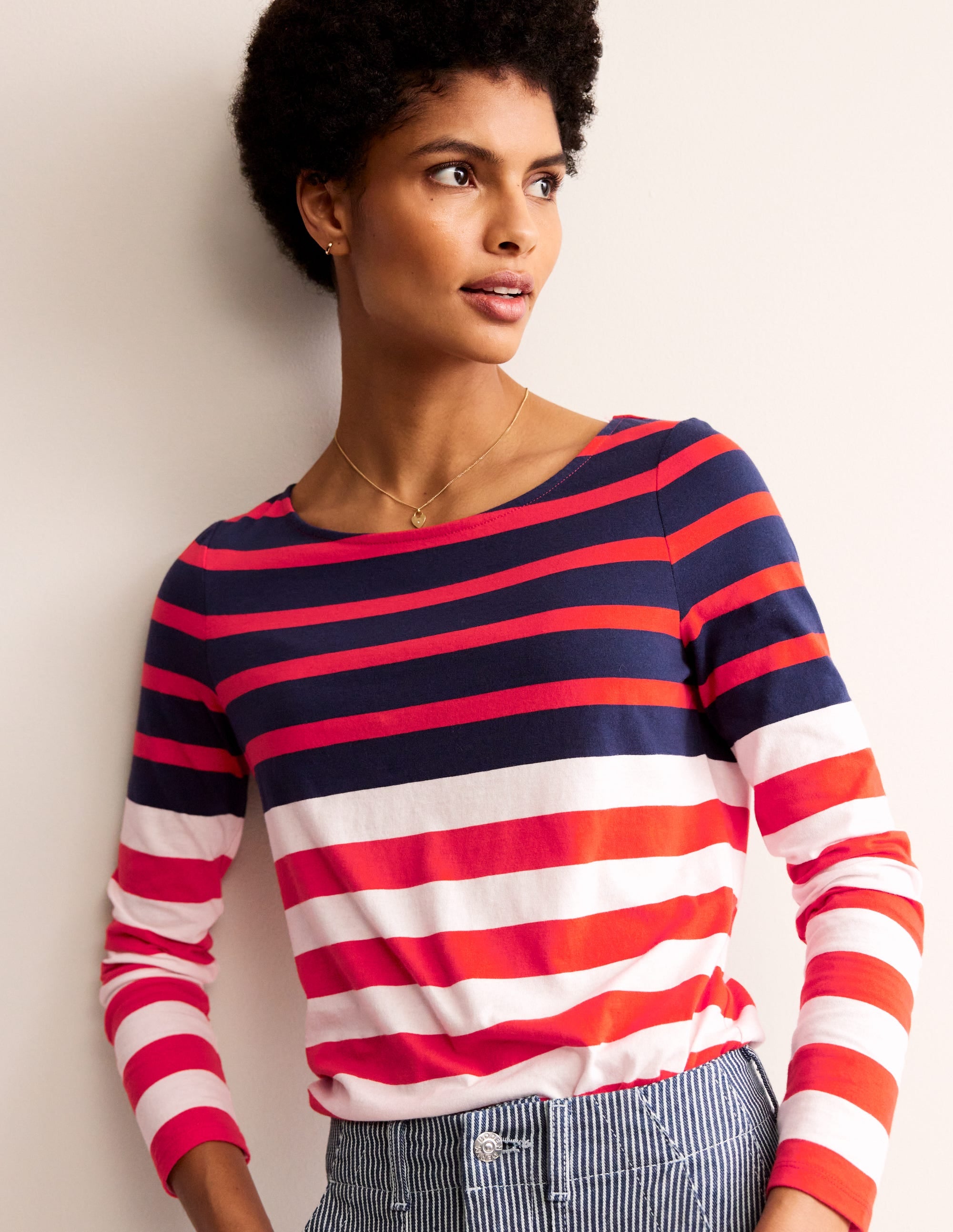 Ella Breton-Shirt mit langen Ärmeln-Naturweiß, Marineblau Rot - Image 1