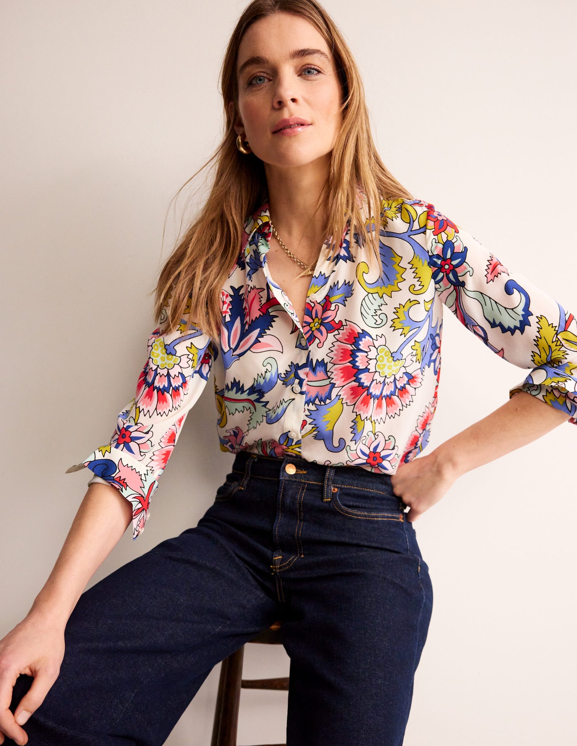 Chemise Sienna en soie-Ivoire, motif Botanical Bunch-1