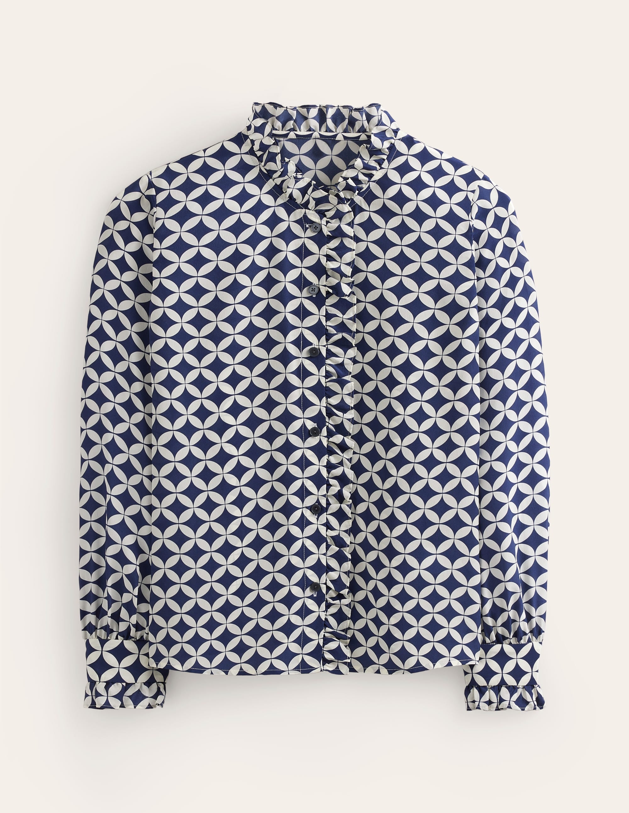 Seidenbluse mit Rüschenkragen-Marineblau, Abgestufte Diamanten - Image 8