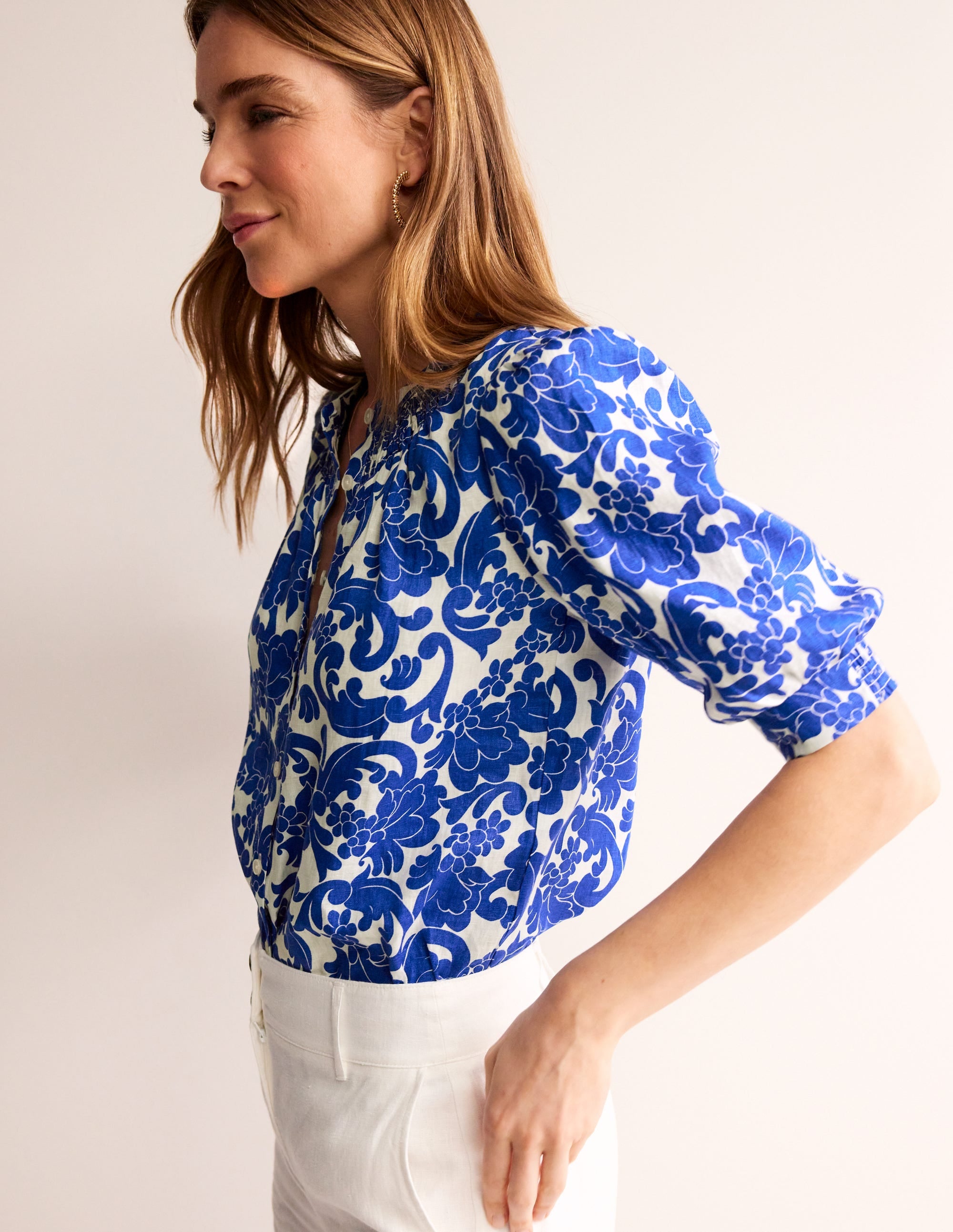 Top Ada en lin-Bleu connecté, motif Opulent Whirl - Image 1