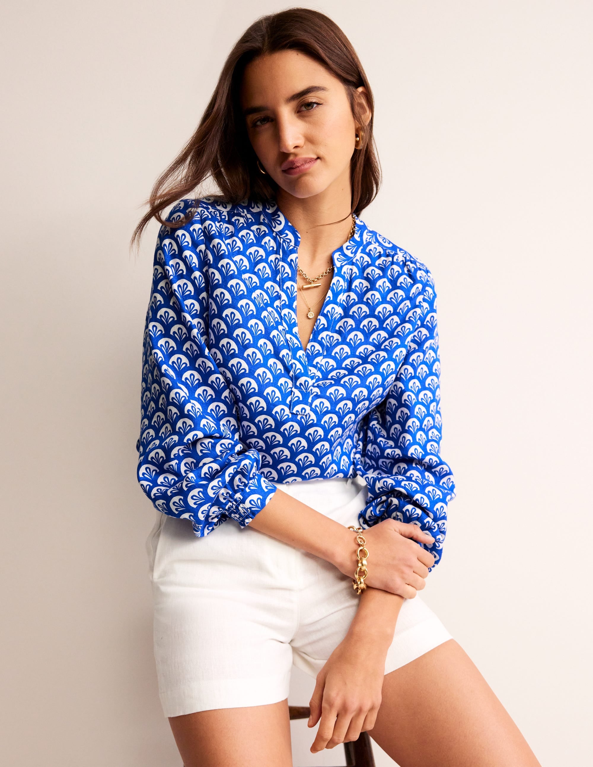 Top Alice en lin-Bleu connecté, motif Foliage Geo - Image 1