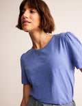 T-shirt en coton à manches bouffantes-Bleu marée