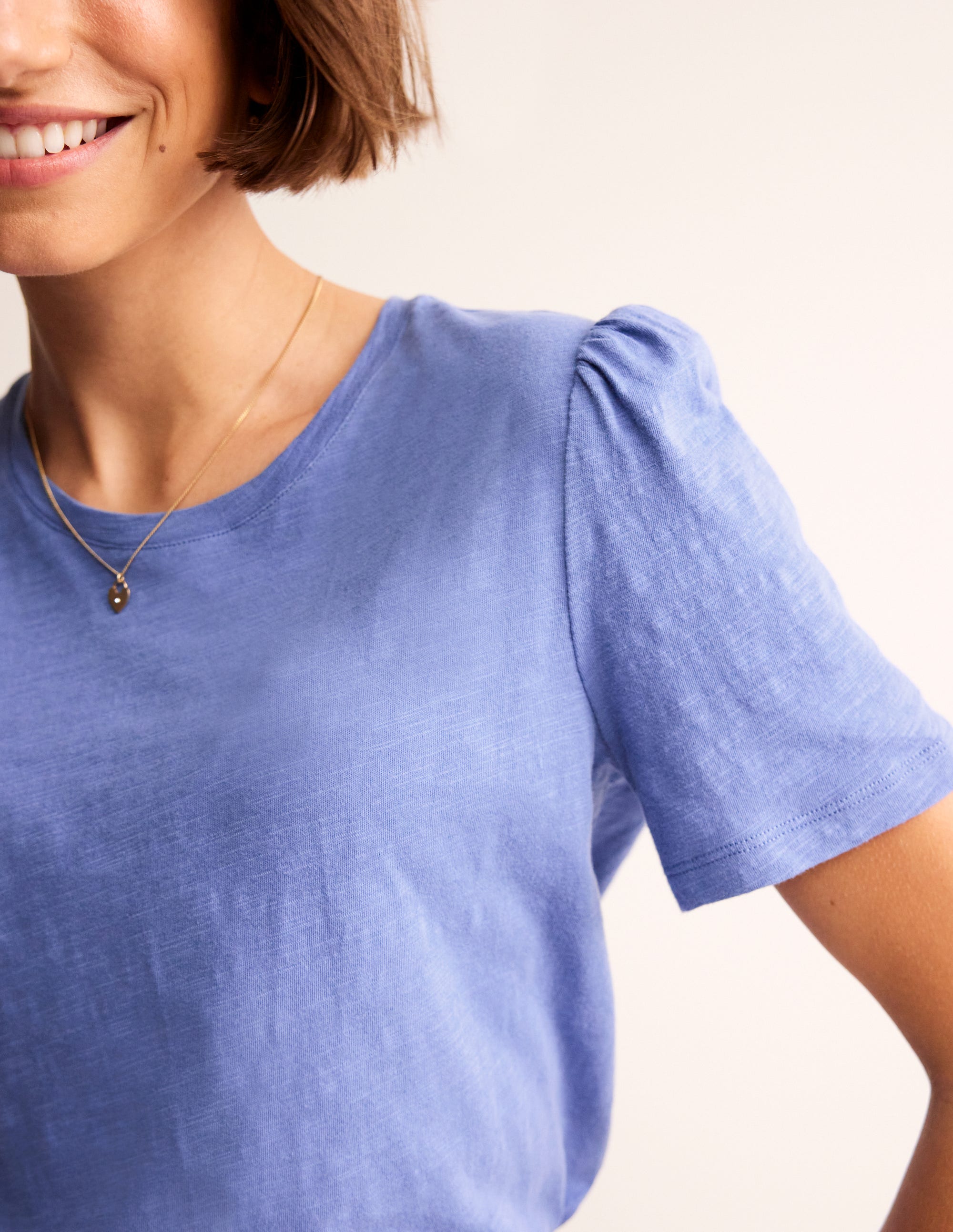 T-shirt en coton à manches bouffantes-Bleu marée - Image 2