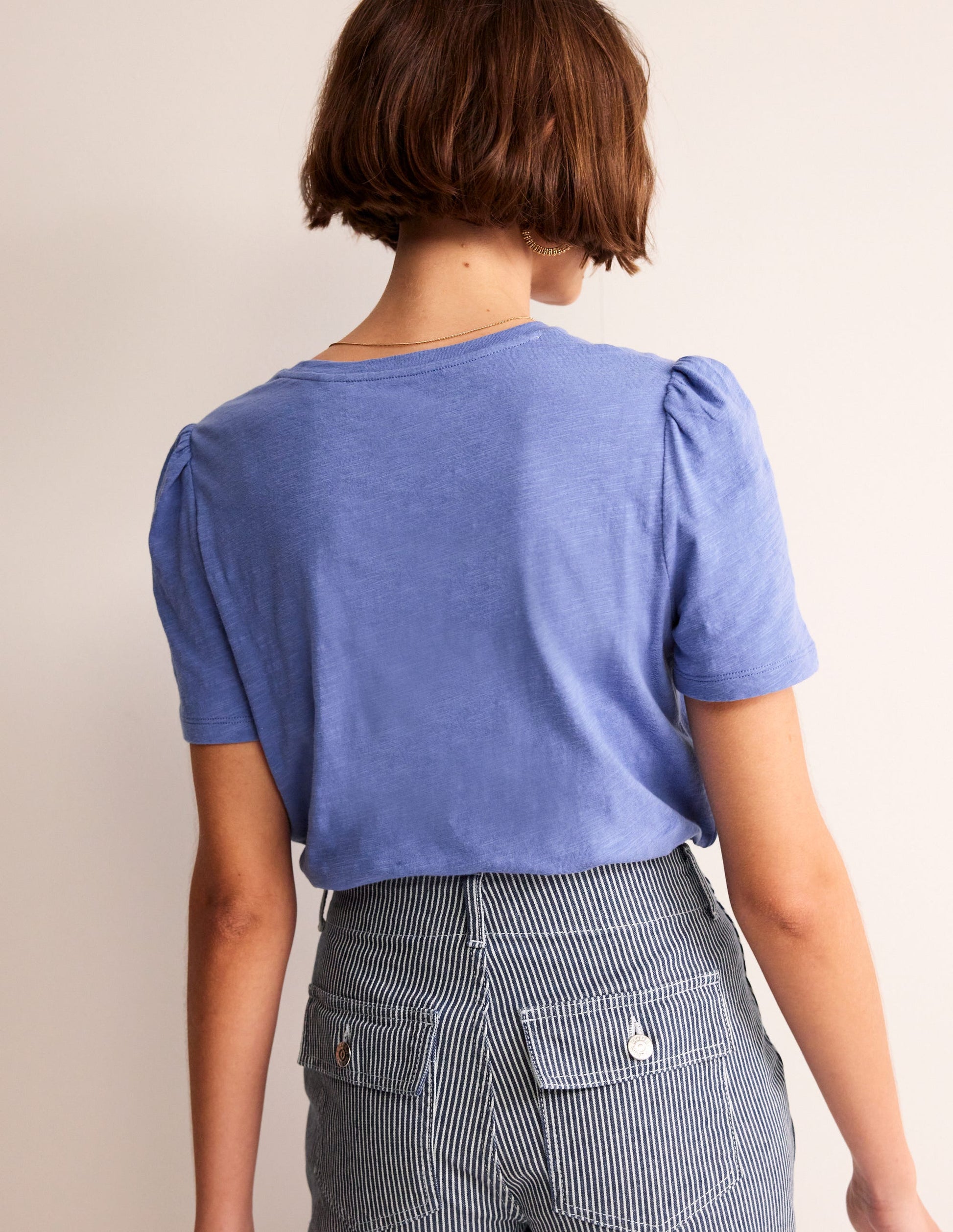 T-shirt en coton à manches bouffantes-Bleu marée-3