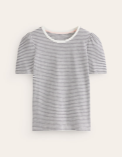 T-Shirt aus Baumwolle mit Puffärmeln-Naturweiß/Navy, Gestreift