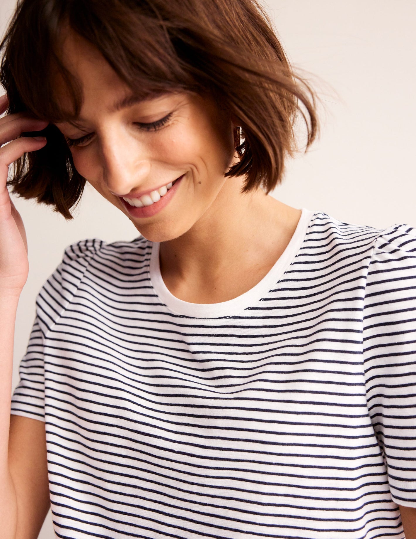 Cotton Puff Sleeve T-Shirt-Ivory, Navy Stripe